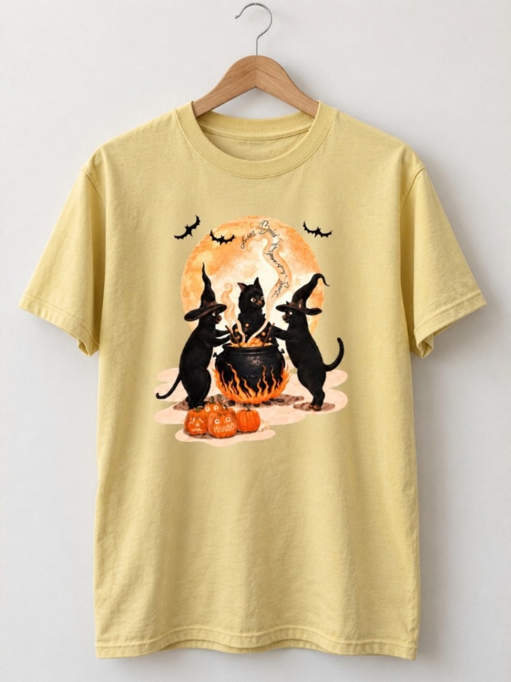 Black Cats Witch Hats Cauldron Halloween Pumpkins Full Moon Yellow T-Shirt